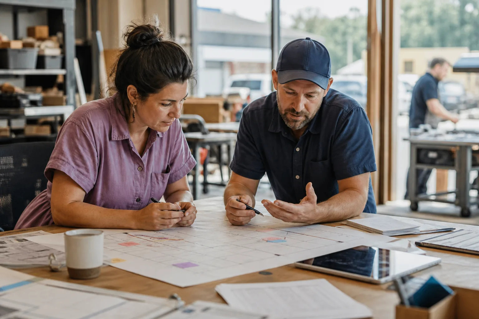 Business owner and growth partner reviewing an operating plan